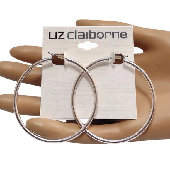 Liz Claiborne Big 2 1/8" Tube Hoops Pierced Stud Earrings Silver Tone - Picture 3 of 7